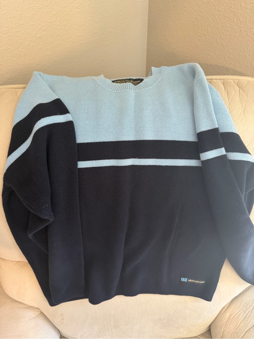 Abercrombie & Fitch Navy and Light Blue Striped Crewneck Sweater